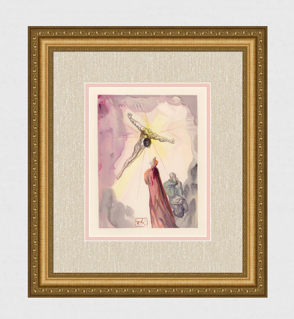 1960 Salvador Dali Christ Authentic Woodcut Signed Framed: Salvador Dali. (1904-1989). "Christ's Apparition" Paradise Canto 14. Authentic Original Color Woodcut from The Divine Comedy Printed in 1960 on B.F.K. Rives Paper ( this is not a reproduction, copy, o