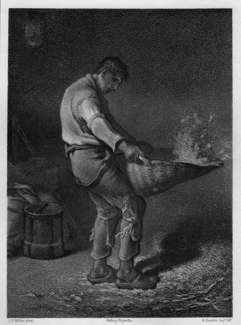 SIGNED Jean-Francois Millet 1800s Antique Print Le Vanneur FRAMED: Jean-Francois Millet (French, 1814 - 1875). The Winnower (Le Vanneur) (second version). Antique heliogravure on laid paper after the original oil on canvas. Year: 1881. Signed in the plate. Image Size