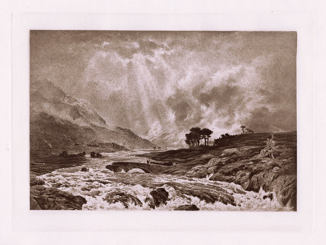 Peter Graham A Spate in the Highlands 1885 Antique Print: Peter Graham. (British, 1836-1921). A Spate in the Highlands. Antique Heliogravure on wove paper after the original painting by master engraver Dujardin. 1885. Excellent. Image Size 6 5/8 x 9 inches. 