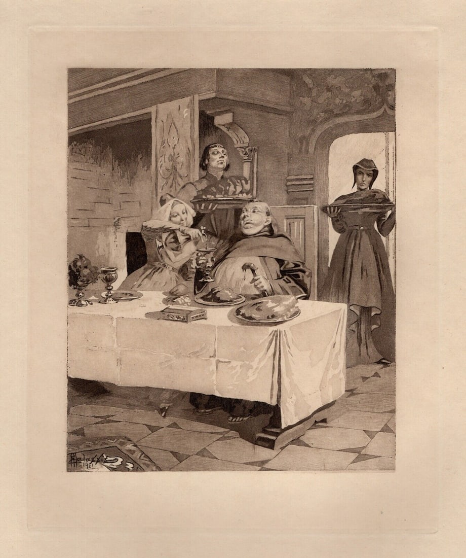 Limited Edition EDMOND MALASSIS Engraving Serving Dinner SIGNED FRAMED: Edmond Malassis (French, 1874 - 1944). The Gentleman's Dinner Party III (Le d?ner du Gentleman II) (Cent Nouvelles Nouvelles). Vintage copper plate engraving in black ink on Velin paper after the orig