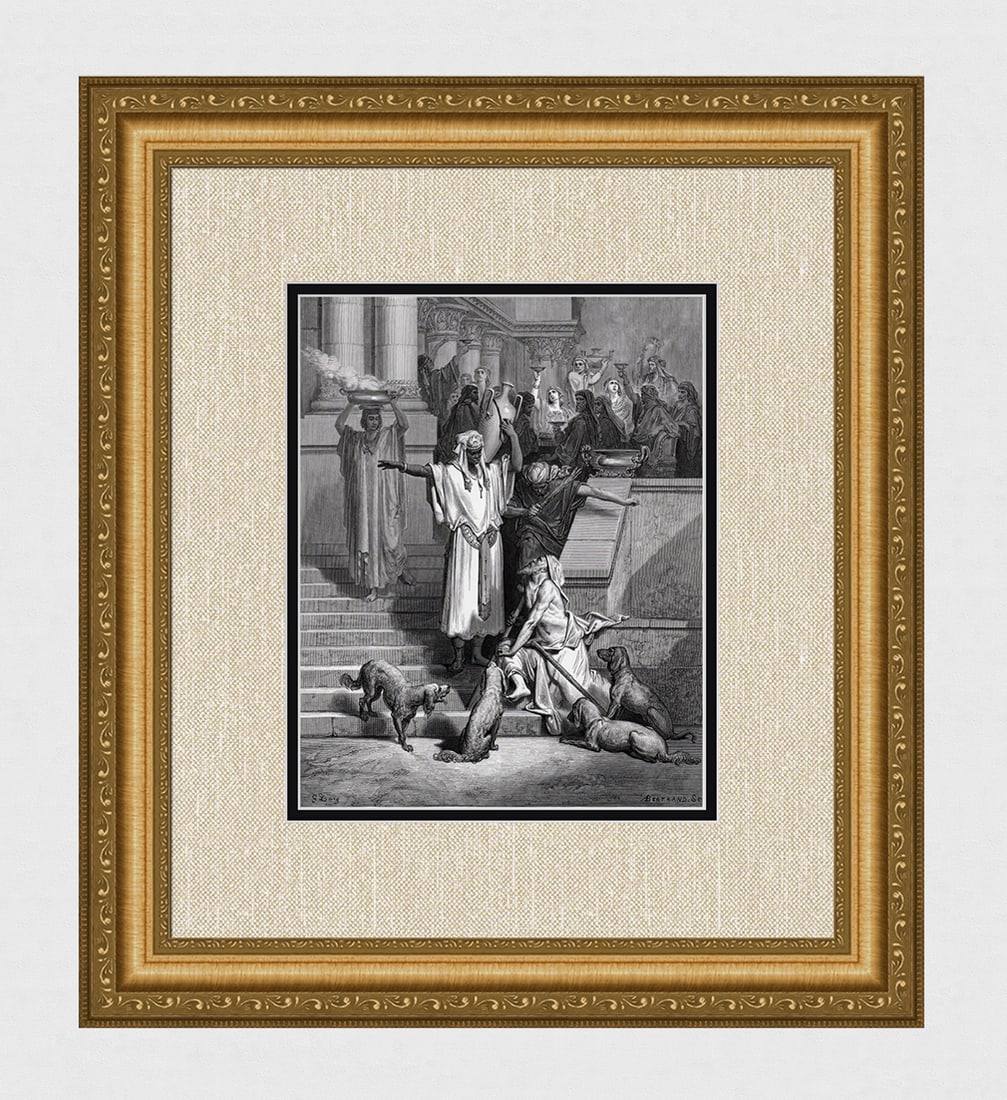 1800s Gustave DORE SIGNED Religious Woodcut A Beggar Named Lazarus FRAMED: Gustave Dore (Paul Gustave Louis Christophe Dore) (French, 1832-1883). Lazarus at the Rich Man's House (from Dore's Bible). Antique woodcut wove paper after the original by a master wood engraver Anto