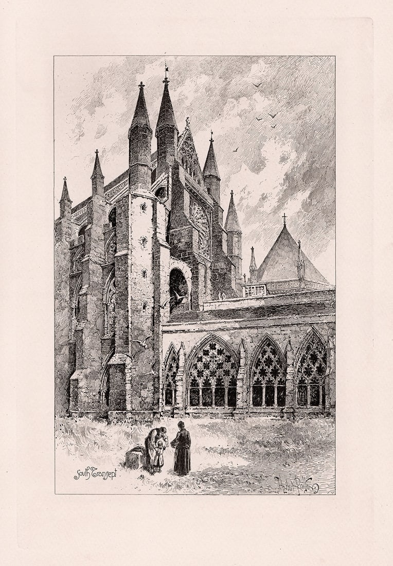 Herbert Railton South Transept of Westminster Abbey etching signed: Herbert Railton. (English, 1857-1910). South Transept of Westminster Abbey. Antique Etching on wove paper. 1889. Signed in the Plate, lower right. Excellent. Image Size 7 3/4 x 11 1/8 inches. Approxim