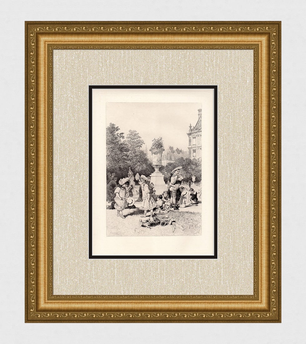 Adolphe Lalauze Children in the Garden of the Tuileries etching signed: Adolphe Lalauze. (French, 1838 -1906). Children in the Garden of the Tuileries. Original Copper Plate Etching on Wove Paper. 1883. Signed in the Plate, lower left. Excellent. Image size 7 1/2 x 10 1/4