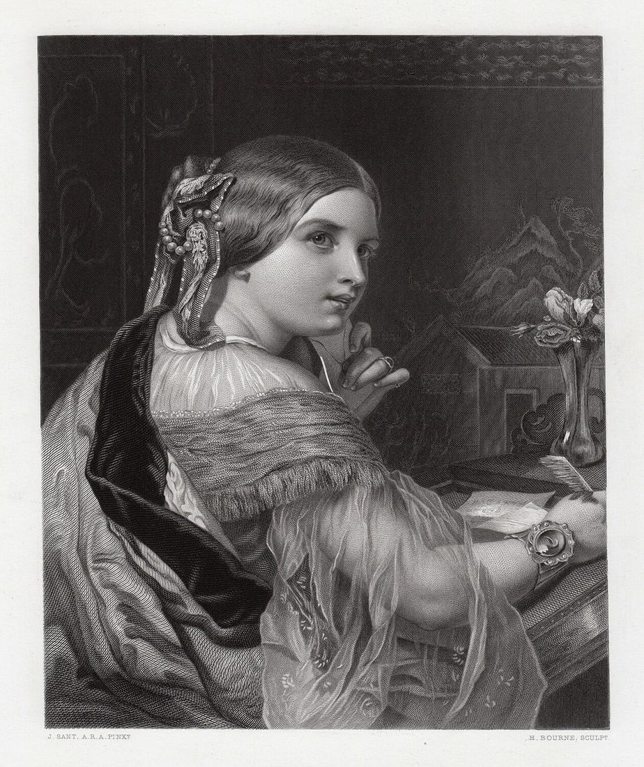James Sant The Fair Correspondent 1867 Engraving Signed: James Sant. The Fair Correspondent. Antique engraving on wove paper after the original painting by master engraver Herbert K Bourne (1825-1907). 1867. Signed in the plate. Image Size 7 1/4 x 9 1/8