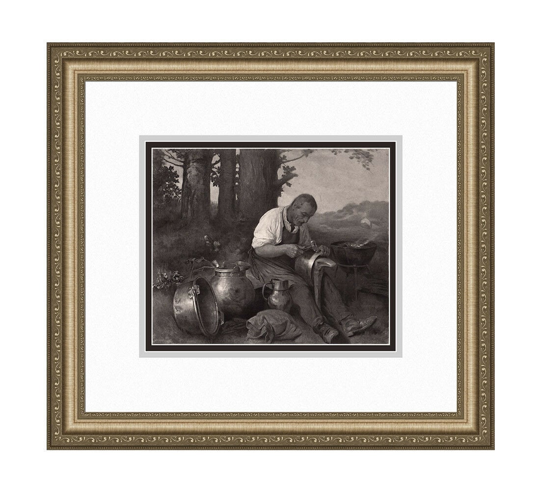Alphonse Legros The Tinkerer 1875 print: Alphonse Legros. (French, 1837-1911). Les Chaudronnier (The Tinkerer). Antique heliogravure on wove paper after the original by a Master Engraver. 1875. Excellent. Image Size 6 1/2 x 7 7/8 inches.