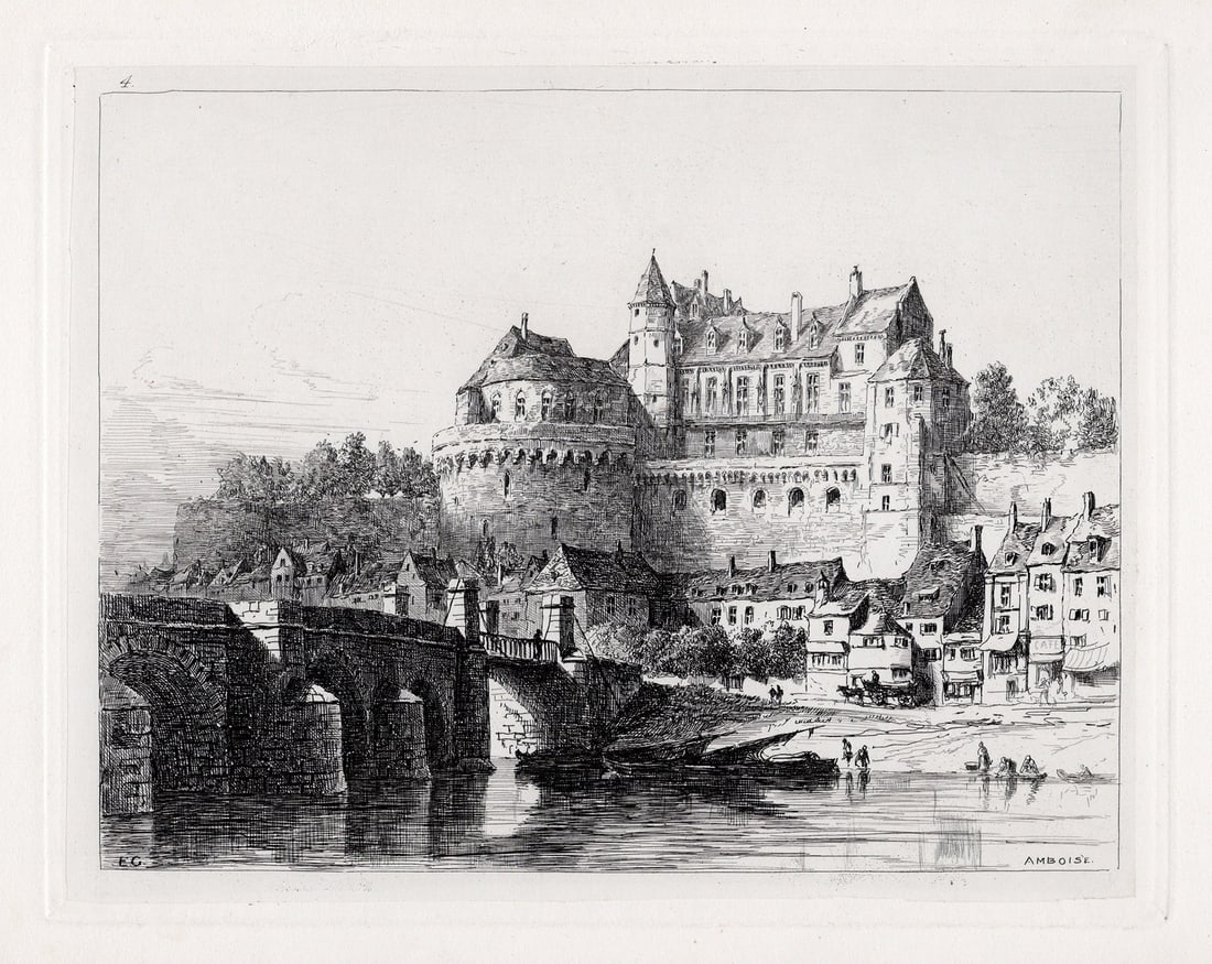 1875 Sir Ernest George Amboise etching signed: Sir Ernest George. (English, 1839-1922). Amboise. Original Hand Pulled Copper Plate Etching on Laid Paper. 1875. Signed in the Plate, Lower Left. Excellent. Image Size 6 7/8 x 9 inches. Approximately 