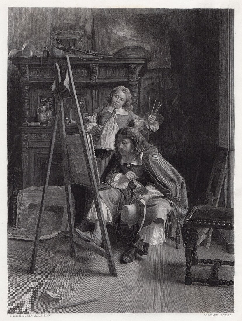 Ernest Meissonier The Critic 1879 Engraving Framed: Ernest Meissonier. (Jean-Louis Ernest Meissonier) (French,1815 - 1891). The Critic (L'amateur de Tableaux). Antique steel engraving on wove paper after the original painting by master engraver Theophi