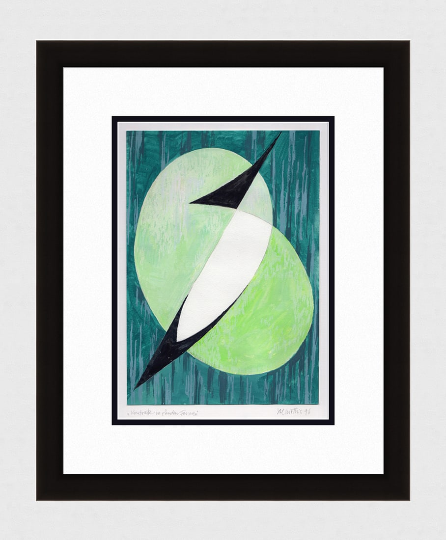 Mathis Original Gouache Contrast in Green Framed Swiss: Josef Johann Mathis (Joe Mathis, 1913 - 2002; Swiss). Contrasts in round Forms (Kontraste in runden Formen). Original Mixed Media Gouache on paper. Year: 1996. Hand signed and dated in pencil, lower r