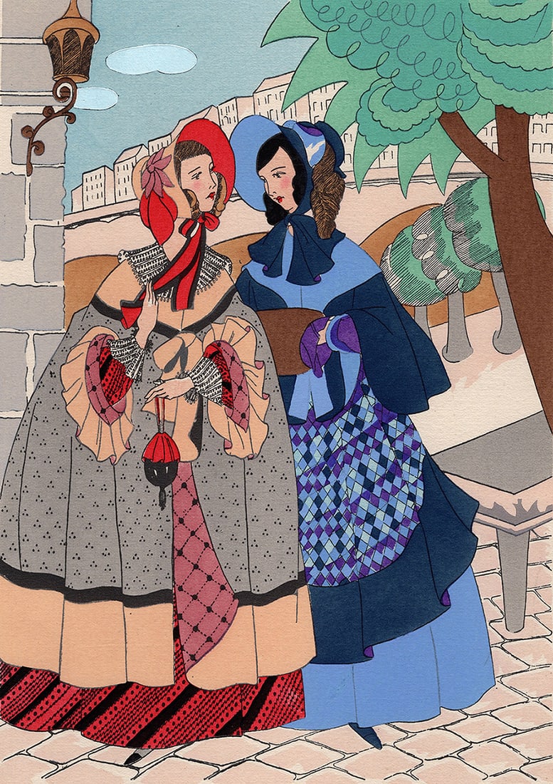 RO KEEZER Color Pochoir The Late Night Rendezvous FRAMED: Rosa Sara (Ro) Keezer (Dutch, 1905 - 2003). Rentrons, il est deja tard (Let's go home, it's already late). Vintage color pochoir on wove paper. Year: 1930. Image Size 7 1/8 x 10 1/8 inches. Framed Dim