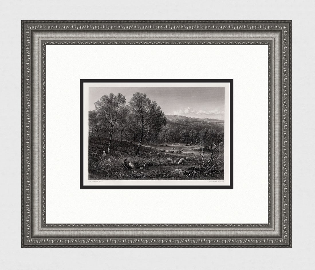 Benjamin Williams Sheep Pastures 1800's Engraving: Benjamin Williams Leader. (English, 1831 - 1923). Sheep Pastures, North Wales. Antique engraving on wove paper after the original by master engraver Arthur Willmore (English, 1814 - 1888). Year: 1880.