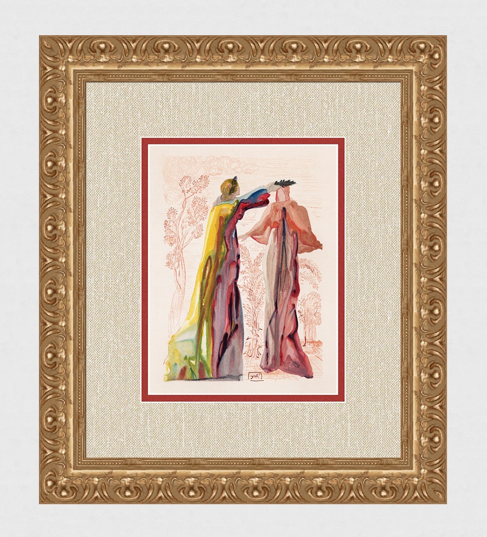 1960 Salvador Dali Last Words Virgil Woodcut: Salvador Dali. (1904-1989). "The Last Words of Virgil" Purgatory Canto 27. Authentic Original Color Woodcut from The Divine Comedy Printed in 1960 on B.F.K. Rives Paper ( this is not a reproduction, c