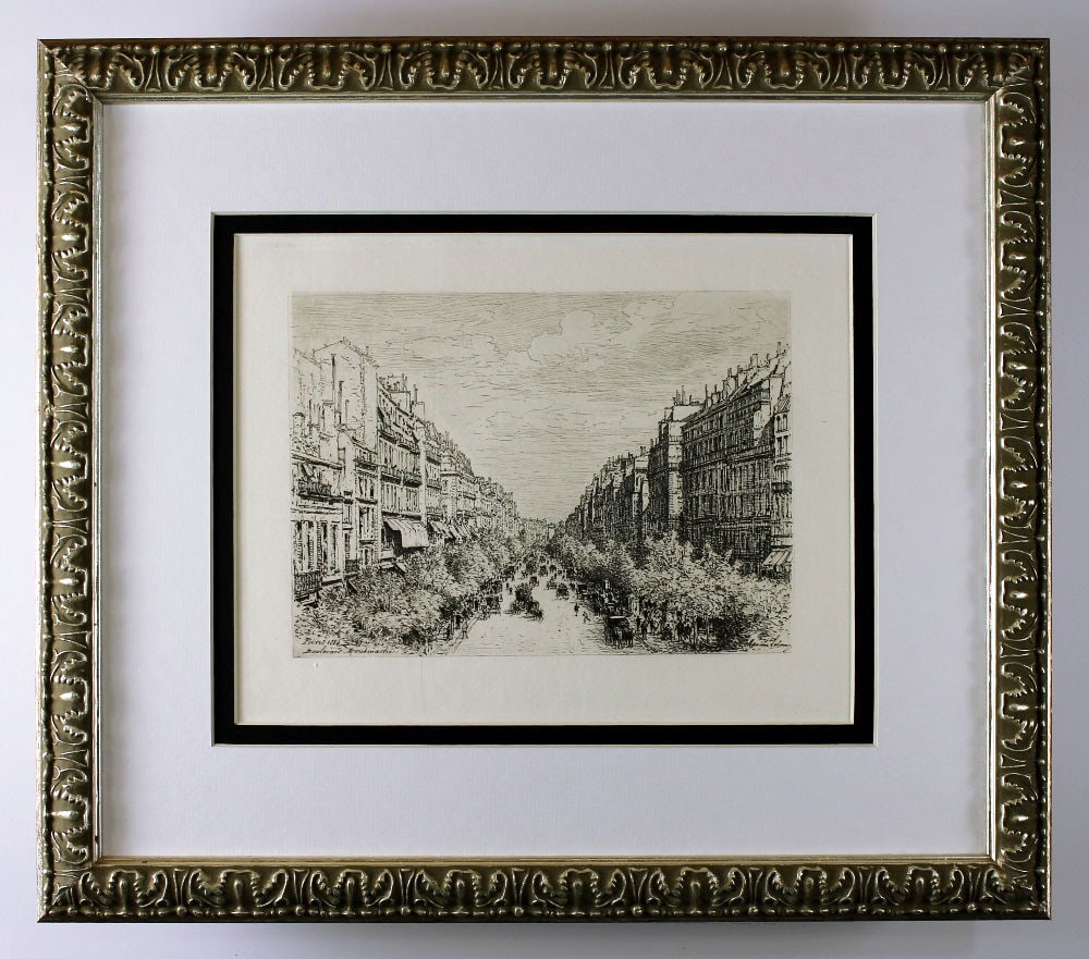 Maxime Lalanne The Boulevard Montmartre, Paris 1884 etching signed: Maxime Lalanne. (Francois Antoine Maxime Lalanne) (French, 1827 - 1886). The Boulevard Montmartre, Paris. Antique Hand pulled copper plate etching on laid paper. 1884. Signed in the plate, lower right