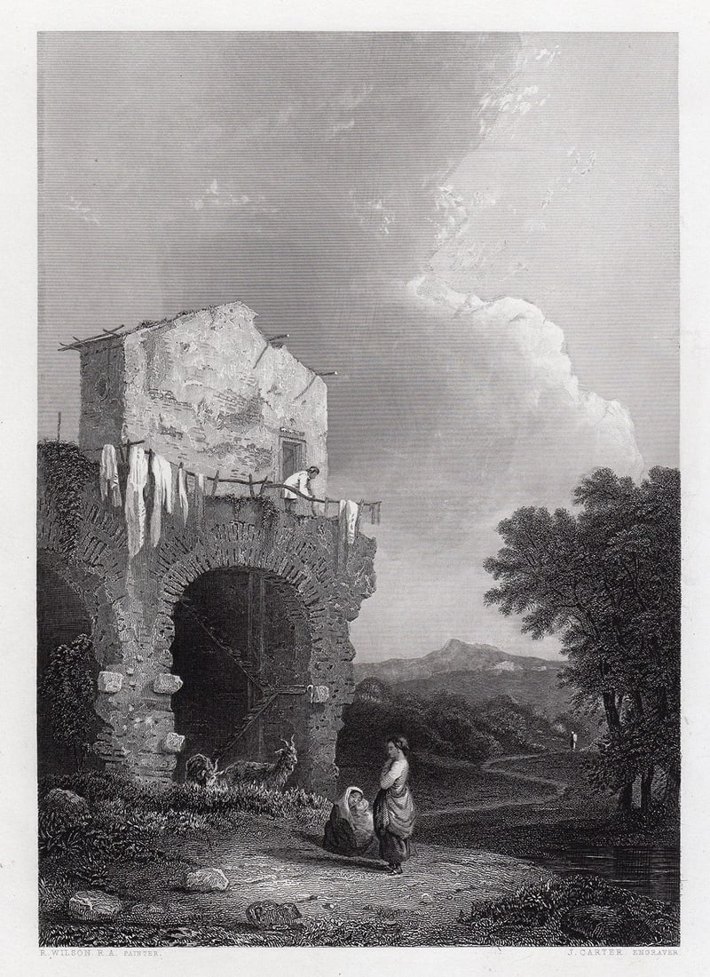 1850 Richard Wilson Hadrian's Villa engraving signed: Richard Wilson. (Welsh, 1714 - 1782). Hadrian's Villa. Antique Engraving on wove paper after the original oil paint on canvas by master engraver James Carter (English, 1798-1855). 1850. Signed in the 