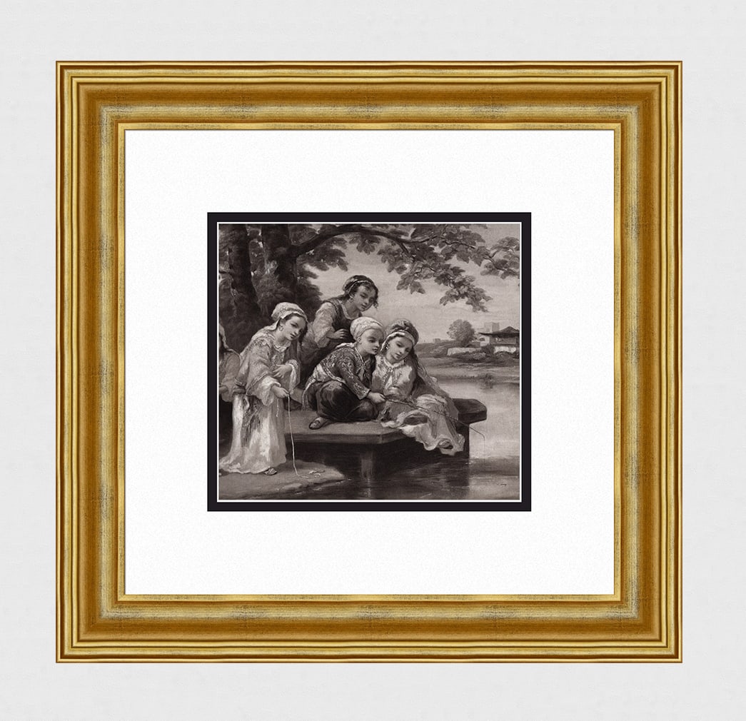 1800s Narcisse-Virgile Diaz Antique Print Turkish Fishing Framed Signed: Nacisse-Virgile Diaz (French, 1807-1876). A Fishing Party in Turkish Costumes. Antique heliogravure on heavy wove paper after the original painting. Year: c. 1880. Signed in the plate. Image Size 7 1/