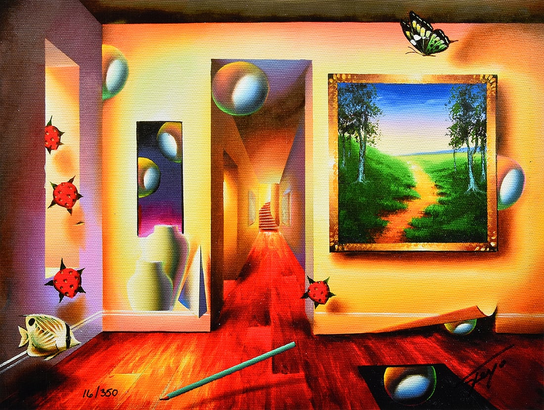 Ferjo Limited edition Giclee on Canvas Dreamlike Corridor Signed Numbered: Ferjo (Fernando de Jesus Oliveira) (B.1946;Brazilian). Dreamlike Corridor. Limited edition giclee on canvas. Signed lower right. Numbered from 350. Image size 9 x 12 inches. ***Please note, this hand 