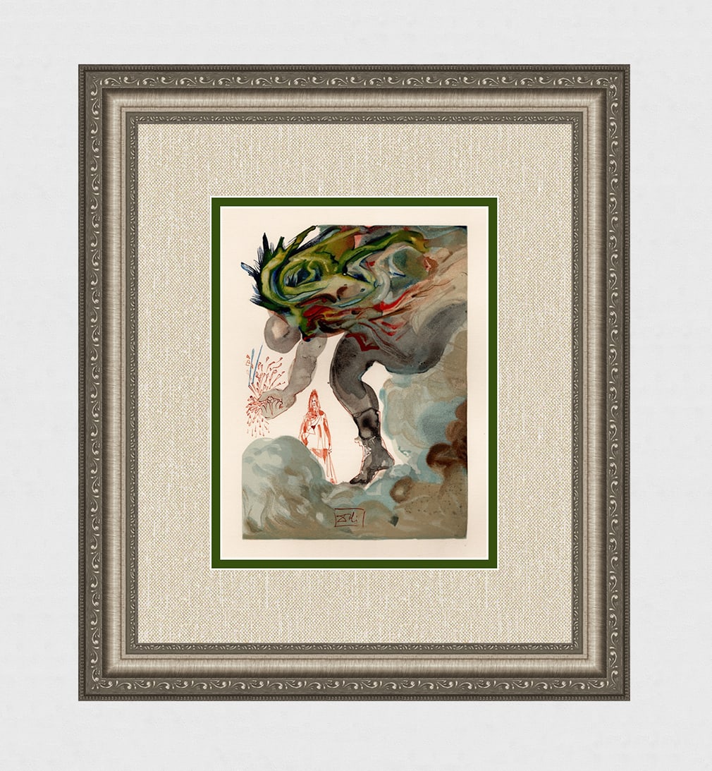 1960 Salvador Dali Giants Authentic Woodcut Signed Framed: Salvador Dali. (1904-1989). "The Giants" Enferno Canto 31. Authentic Original Color Woodcut from The Divine Comedy Printed in 1960 on B.F.K. Rives Paper ( this is not a reproduction, copy, or reprint,