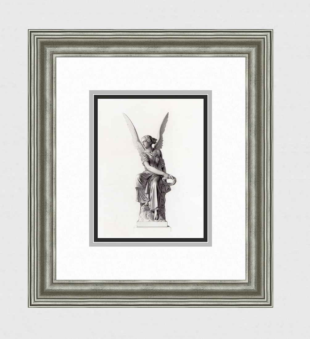 Christian Rauch 1855 Engraving Fame Framed: Christian Daniel Rauch (German, 1777-1857). Fame. Antique Steel Engraving on wove paper after the original statue by master engraver Edwin Roffe (British, active late 19th century). 1855. Excellent. S