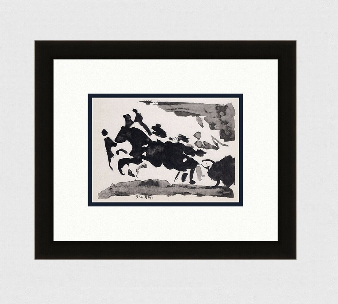 PABLO PICASSO 1961 Vintage Lithograph Charging Bull FRAMED: Pablo Picasso (1881 - 1973). The Charging Bull (El Toro de Carga). Black and white offset lithograph, on Arches paper, after the original sketch. Atelier Mourlot. Year: 1961. Signature/Dated: Dated in