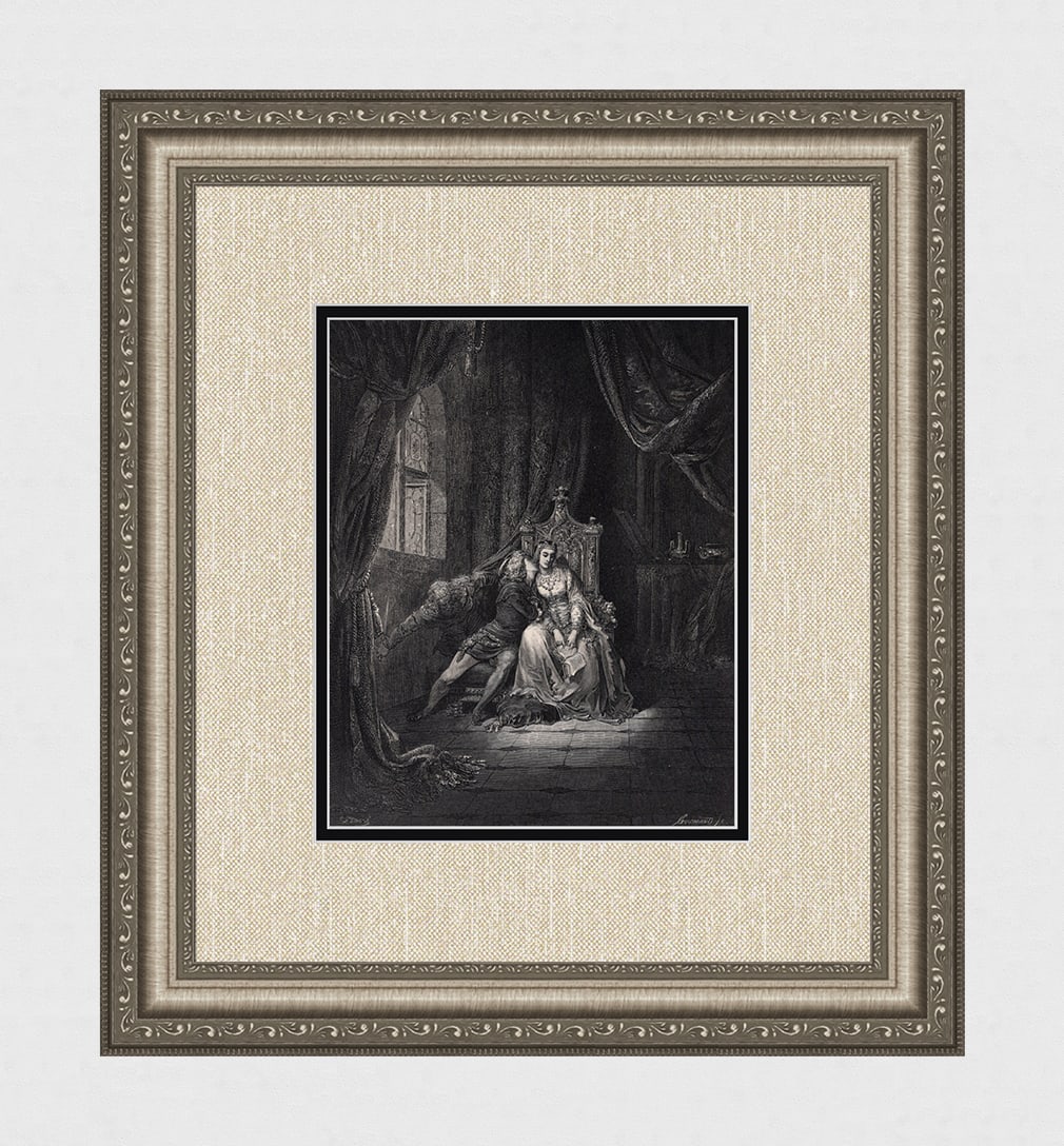 Gustave Dore Paolo and Francesca (Dante's Divine Comedy Enferno) c. 1880 Wood Engraving: Gustave Dore (Paul Gustave Louis Christophe Dore) (French, 1832-1883). Chant 5 Paolo and Francesca - We read no more. (Dante's Divine Comedy Enferno). Antique Wood Engraving wove paper after the origi