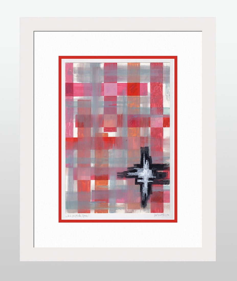 Mathis Original Gouache The Distant Star Framed Swiss Signed Dated: Josef Johann Mathis (Joe Mathis, 1913 - 2002; Swiss). The Off Center Scene (Die seitliche Szene). Original Mixed Media Gouache on paper. Year: 1990. Hand signed and dated in pencil, lower right. Title