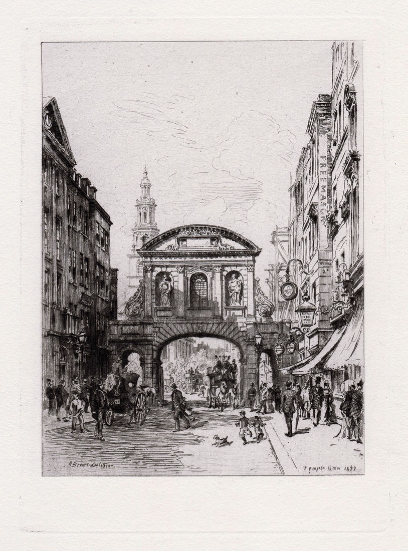 1887 Alfred Louis Brunet-Debaines Temple Bar etching signed: Alfred Louis Brunet-Debaines (1845-1939). Temple Bar. Antique hand pulled etching on laid paper. 1887. Signed in the plate, lower left. Excellent. Image Size 5 1/4 x 7 inches. Approximately 15 x 16 in