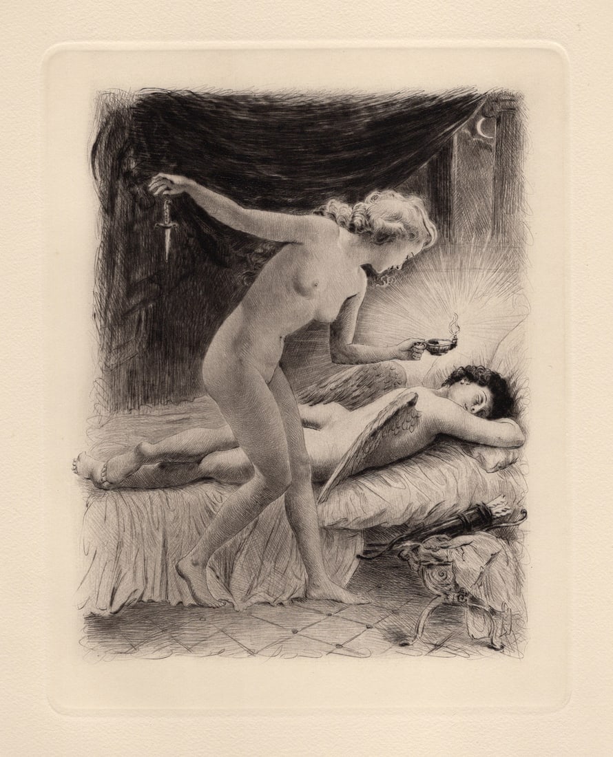 Psyche Stabbing Cupid Original 1955 Paul-Emile Becat Limited Etching: Paul-emile Becat (French, 1885 - 1960). Psyche Discovering the Sleeping Cupid. Original drypoint etching on wove paper.Year: 1955. Edition 282 limited edition of 670. Publisher Les Heures Claires, Par