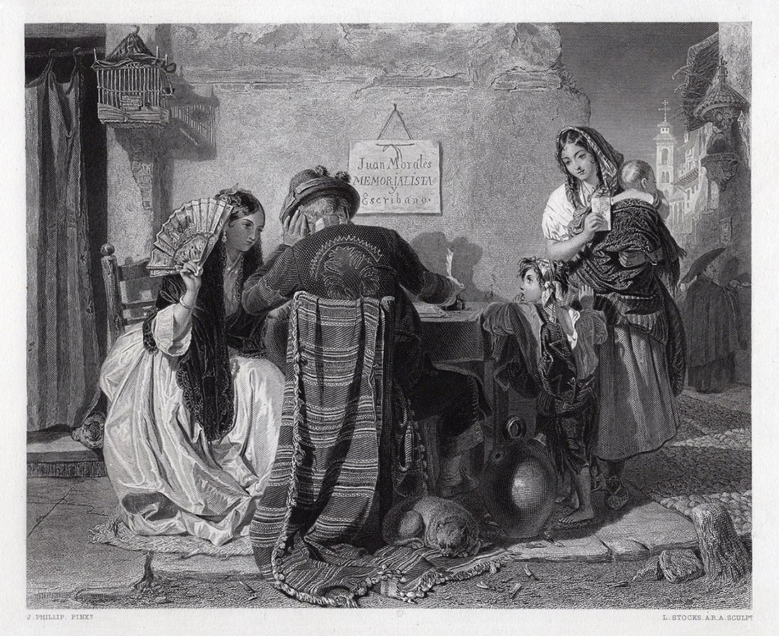 John PHILLIP 1800s Engraving The Spanish Letter Writer SIGNED Framed: John Phillip (nicknamed, Spanish Phillip)?(Scottish, 1817-1867). The Letter Writer-Seville. Antique engraving on wove paper after the original by master engraver Lumb Stocks (British, 1812-1892). Year