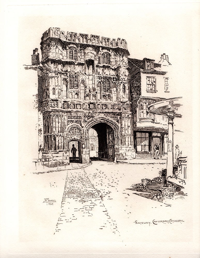 1885 Joseph Pennell Christchurch Gateway etching signed: Joseph Pennell (American, 1857-1926). Christchurch Gateway. Antique etching on thick laid paper. 1885. Signed in the plate lower right. Excellent. Image size 7 1/4 x 9 1/2 inches. Approximately 16 x 1