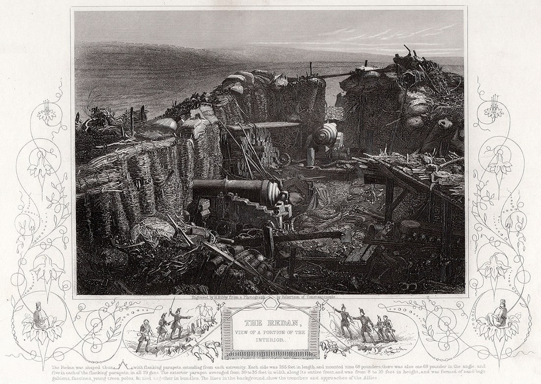James Robertson Antique 1800s Engraving The Redan FRAMED SIGNED: James Robertson (English, 1813-1888). The Redan, View of a portion of the Interior. Antique engraving on wove paper after the original by master engraver H Bibby (19th Century). Year: c. 1855. Signed 