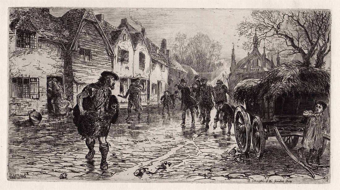 William Brassey Hole A Straggler of the Chevalier's Army 1881 etching: William Brassey Hole. (English, 1846-1917). "A Straggler of the Chevalier's Army". Antique etching on thick laid paper. 1881. Signed in the plate. Excellent. Image size 5 3/8 x 10 inches. Approximatel