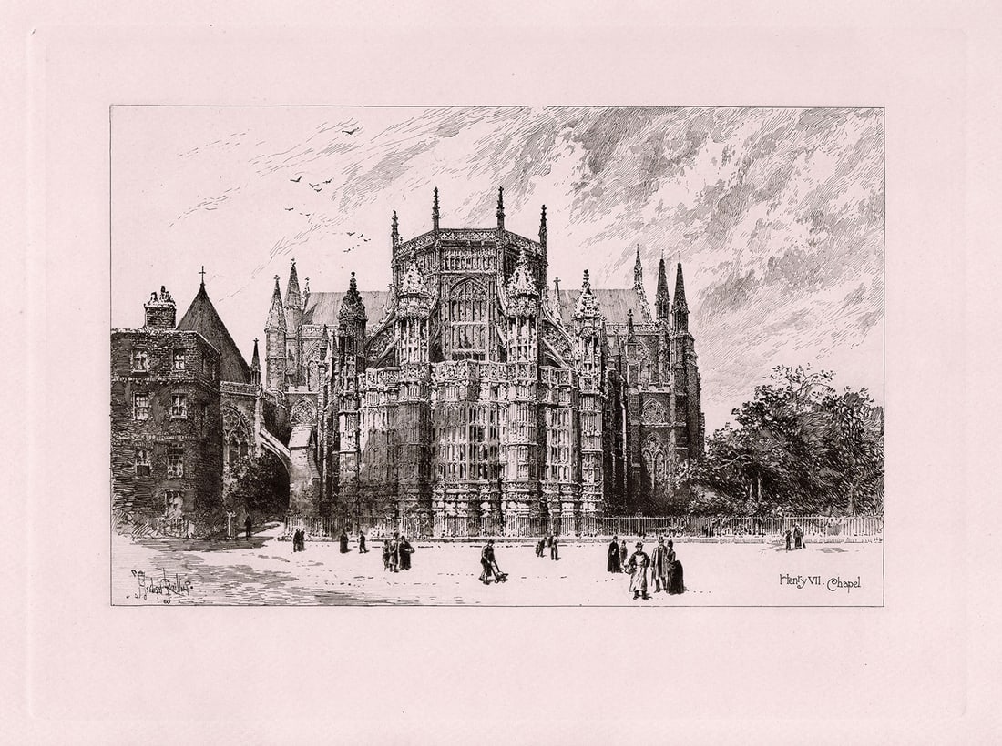 Herbert Railton Henry VII.'s Chapel (Exterior) etching signed: Herbert Railton. (English, 1857-1910). Henry VII.'s Chapel (Exterior). Antique Etching on wove paper. 1889. Signed in the Plate, lower left. Excellent. Image Size 8 3/8 x 11 3/8 inches. Approximately 