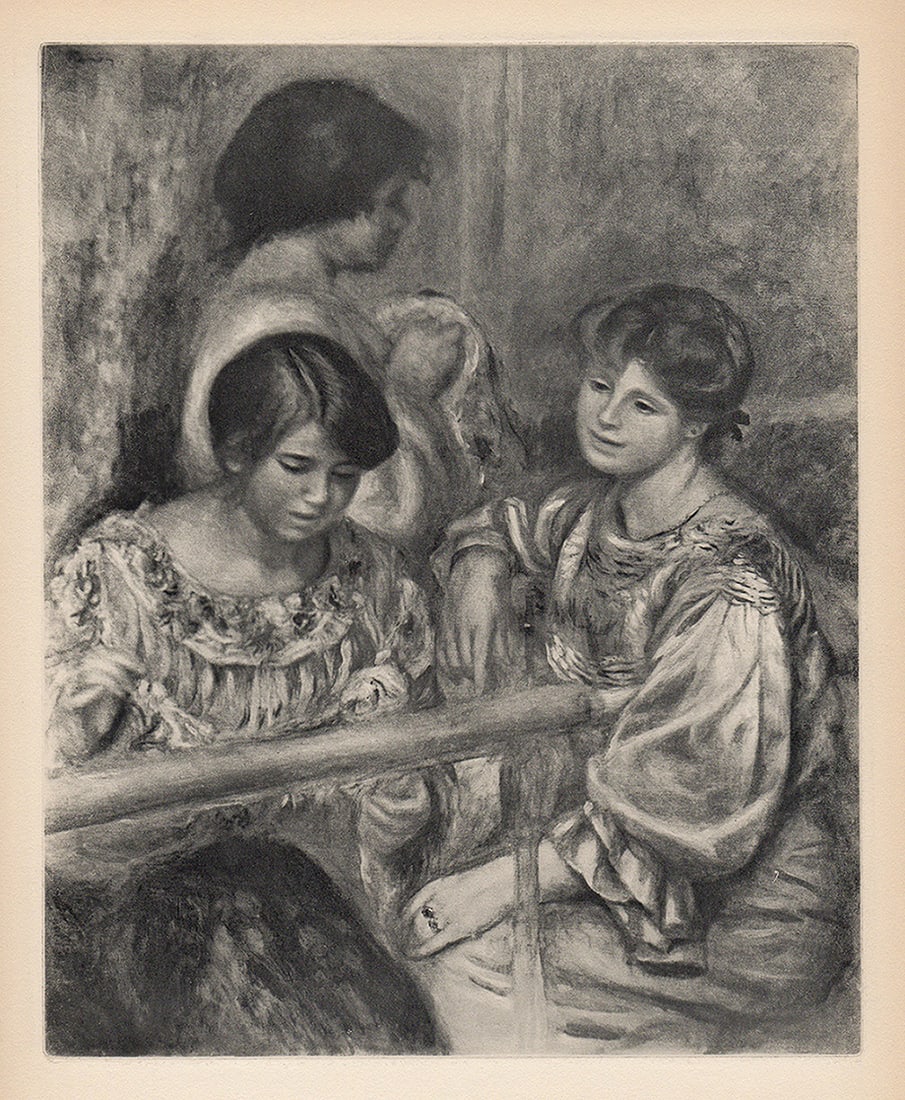 Beautiful Pierre Auguste RENOIR 1919 Engraving "Les Brodeuses" SIGNED Framed: Pierre Auguste Renoir (1841 - 1919). Les Brodeuses (The Embroiderers). Antique copper plate heliogravure engraving on beau papier teinte hand pulled by Emile Fequet in Paris on December 15, 1919. Edit