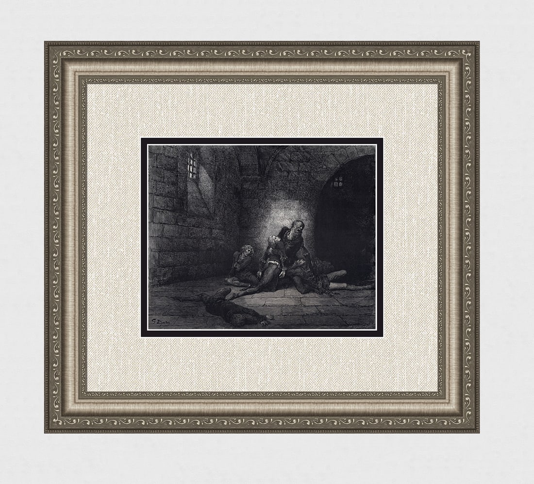 Gustave DORE SIGNED 1800s Wood Engraving Ugolino Mourning his Sons FRAMED: Gustave Dore(Paul Gustave Louis Christophe Dore) (French, 1832-1883). Chant 33 Ugolino (from Dante's Divine Comedy, Enferno). Antique Wood Engraving wove paper after the original by a master wood engr