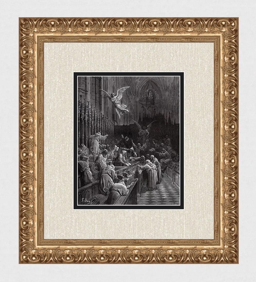 1800s Gustave DORE Orlando Furioso Woodcut Election Conflict FRAMED Signed: Gustave Dore (Paul Gustave Louis Christophe Dore )(French, 1832-1883). Michael finds Discord presiding over and election in the Monastery (From Orlando Furioso). Antique woodcut on wove paper after th