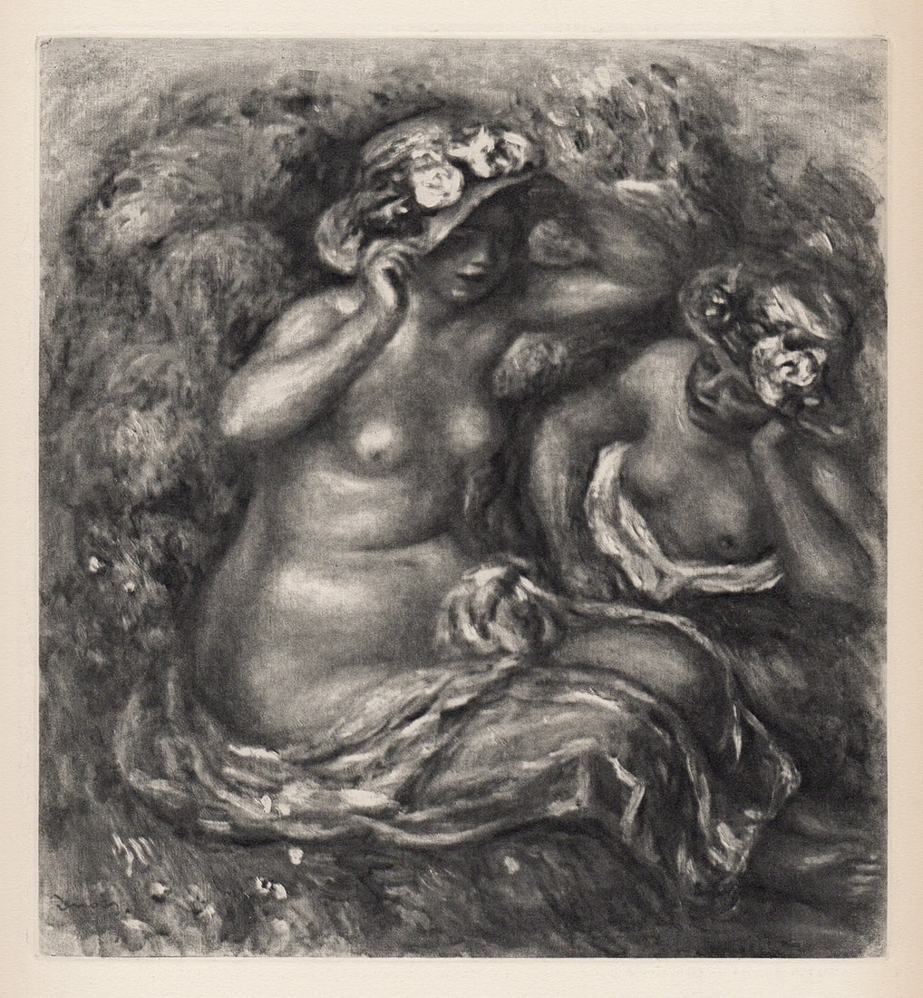 Limited Edition RENOIR 1919 Engraving Nudes with Flowers Hats SIGNED FRAMED: Pierre Auguste Renoir (1841 - 1919). Two Seated Nudes (Fillettes au Torse nu). Antique copper plate heliogravure engraving on beau papier teinte hand pulled by Emile Fequet in Paris on December 15, 19