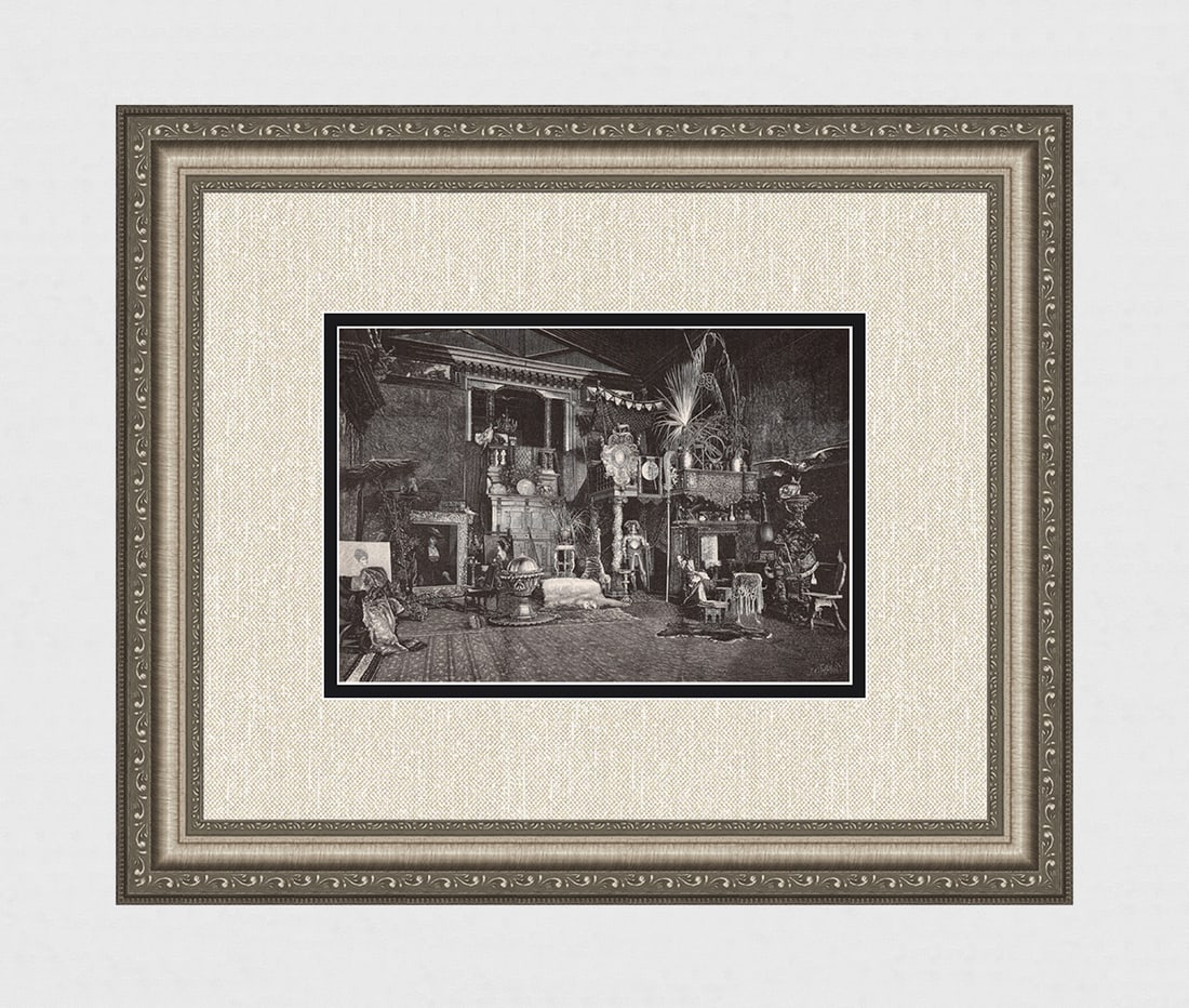 1800s Antique Print Hans Makart In Makart's Large Studio Signed Framed: Hans Makart (Austrian, 1840-1884).Makarts atelier, 1875 (Makarts Studio 1875).Antique heliogravure on wove paper after the original by a master wood engraver J.C. Sriffilhs (19th Century).Year: c. 188