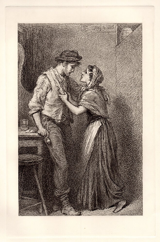 Warwick Brookes 1887 print Come Home to your Children and Me signed: Warwick Brookes. (1808-1880). "Come Home to your Children and Me". Antique Heliogravure on wove paper after the original by master etcher T. Letherbrow. 1887. Signed in the plate. Excellent. Approxima