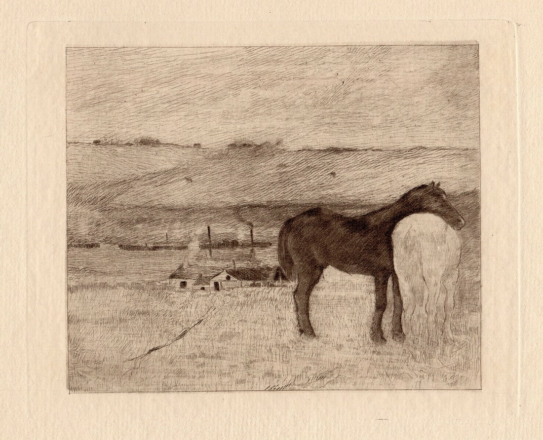 Edgar Degas 1892 Etching Horses in pasture: Edgar Degas (1834 - 1917). Chevaux au Paturage (Horses at pasture). Hand Pulled Copper plate etching, printed in Bistre ink, on cream laid paper after the original by Auguste Marie Lauzet (1865 - 1898