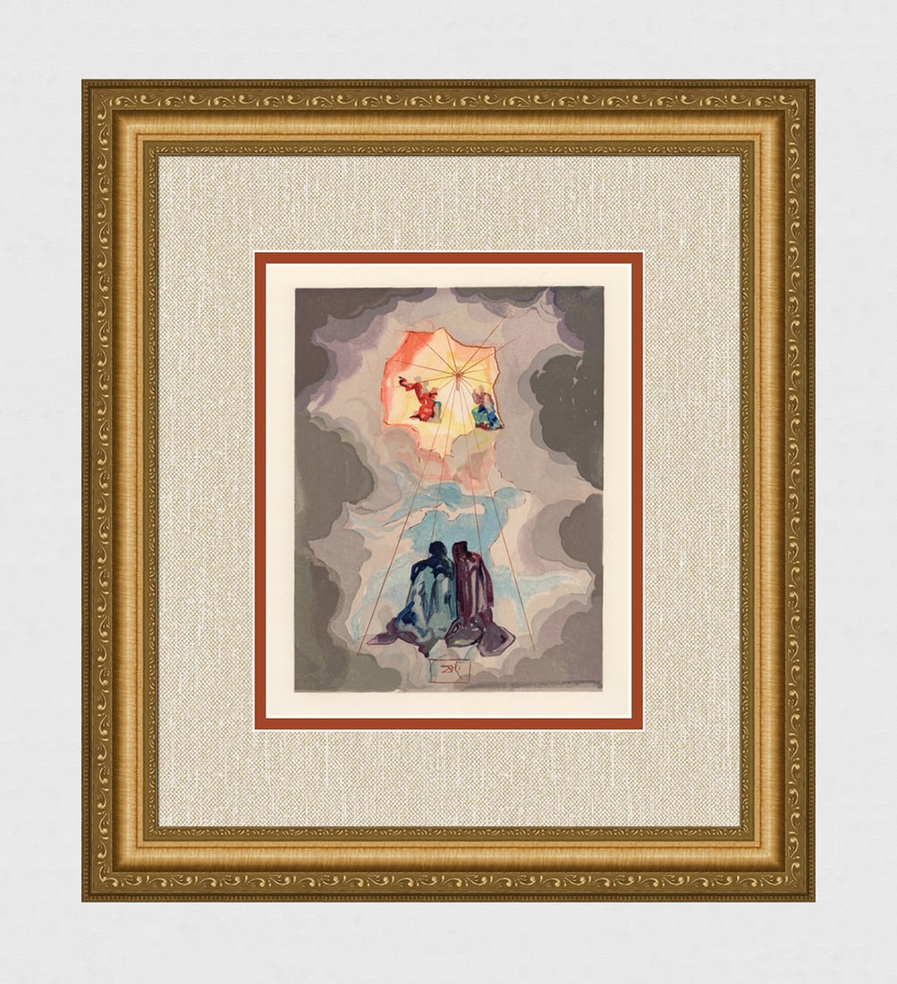 1960 Salvador Dali Ecstasy Authentic Woodcut Signed Framed: Salvador Dali. (1904-1989). "Dante's Ecstasy" Paradise Canto 15. Authentic Original Color Woodcut from The Divine Comedy Printed in 1960 on B.F.K. Rives Paper ( this is not a reproduction, copy, or re