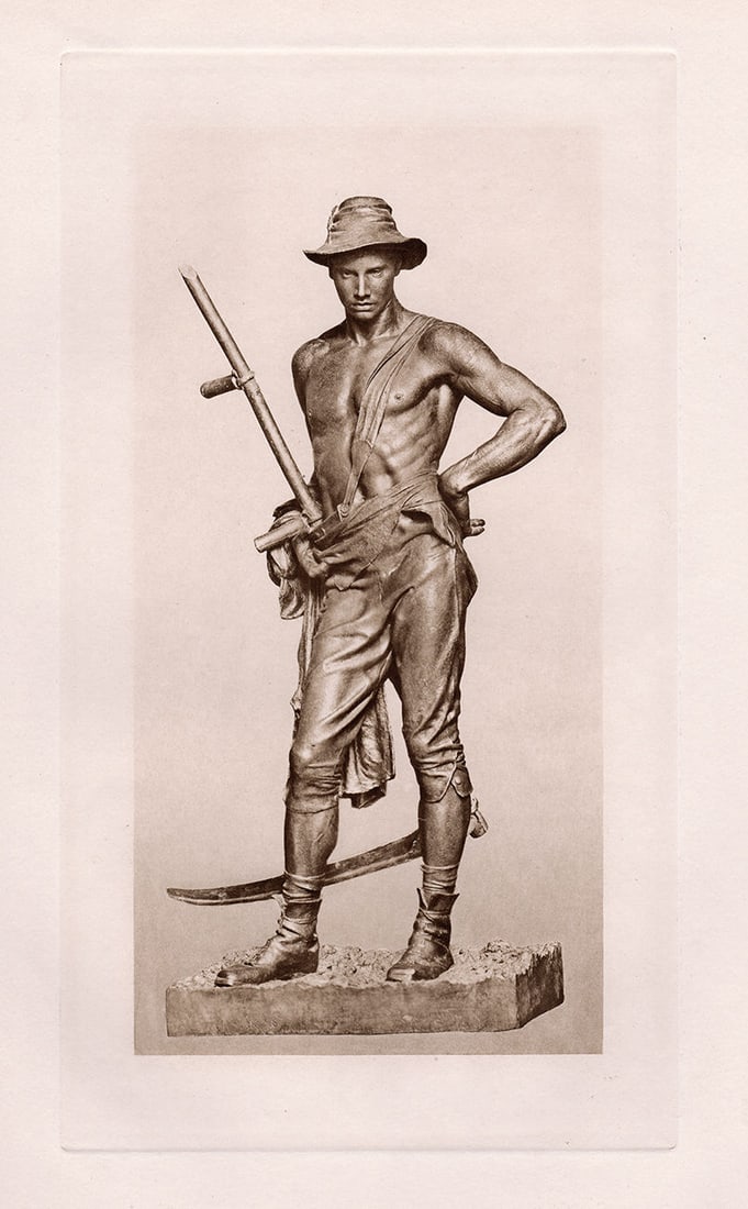 Sir William Hamo Thornycroft The Mower 1888 print: Sir William Hamo Thornycroft. (English, 1850-1925). The Mower. Antique Heliogravure on wove paper after the original Bronze by a Master Engraver. 1888. Excellent. Image Size 6 3/8 x 11 3/8 inches. App