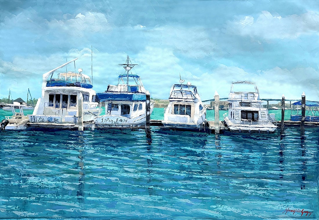 Mauricio Garay Original Painting Boats in the Marina 36 x 24 inches: Mauricio Garay. Docked Boats I. Original oil painting on canvas. Canvas Size 36 x 24 inches. Mauricio Garay began to arouse his interest in art at an early age, with some artistic guidance from his un