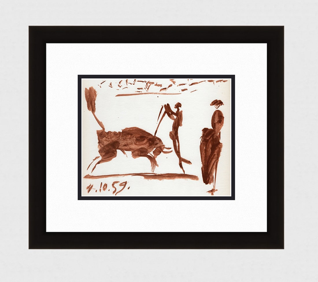 1961 Pablo Picasso Vintage Lithograph The Bullfight FRAMED: Pablo Picasso (1881 - 1973). Matador and Charging Bull (Matador y Toro de Carga). Color offset lithograph, on Arches paper, after the original sketch. Atelier Mourlot. Year: 1961. Signature/Dated: Dat