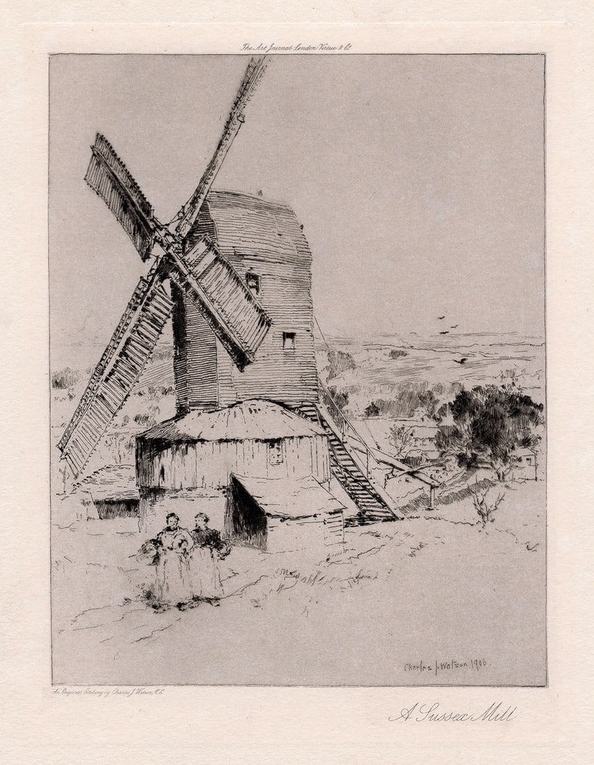 Charles John Watson A Sussex Mill 1906 etching: Charles John Watson. (English, 1846-1927). A Sussex Mill. Original etching on wove paper. 1906. Signed and Dated in the plate. Excellent. Image size 6 3/4 x 9 inches. Approximately 16 x 18 inches. Thi