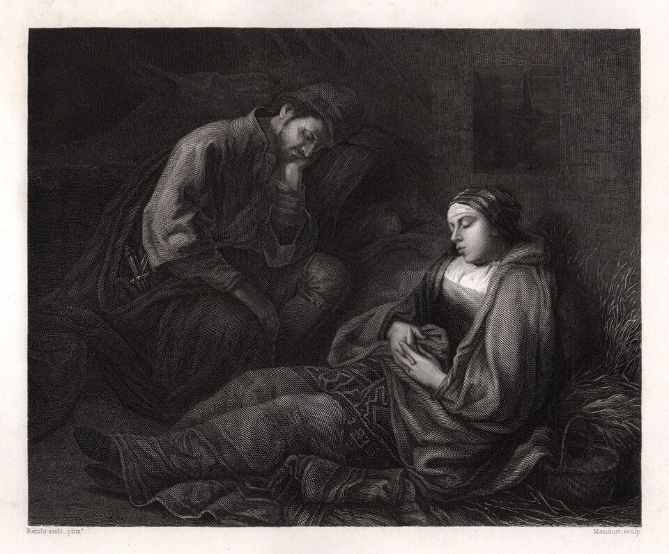 1800s Ferdinand Bol Engraving Weary Travellers Signed Framed: Ferdinand Bol (Dutch, 1616 - 1680), Weary Travellers, Antique engraving on wove paper after the original by master engraver Charles Louis Victor Mauduit (French, 1788 - 1865 after).Year: 1866. Image S
