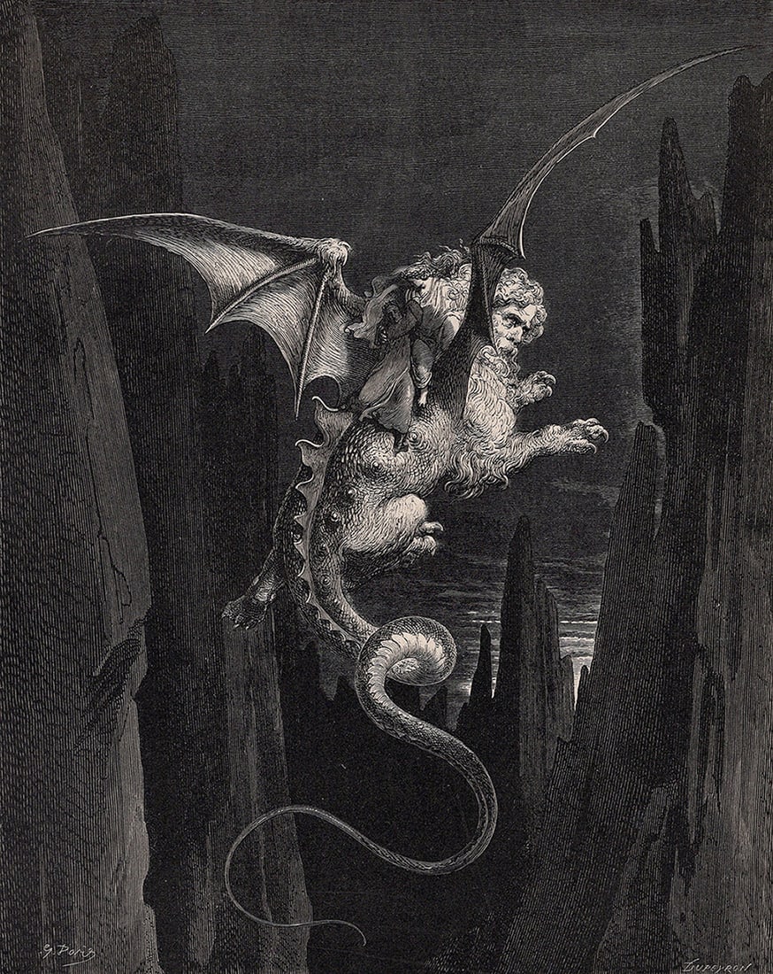 Gustave Dore Geryon (Dante's Divine Comedy Enferno) c. 1880 Woodcut: Gustave Dore (Paul Gustave Louis Christophe Dore) (French, 1832-1883). Chant 17. Geryon's Flight (Dante's Divine Comedy Enferno). Antique woodcut wove paper after the original by master wood engraver 
