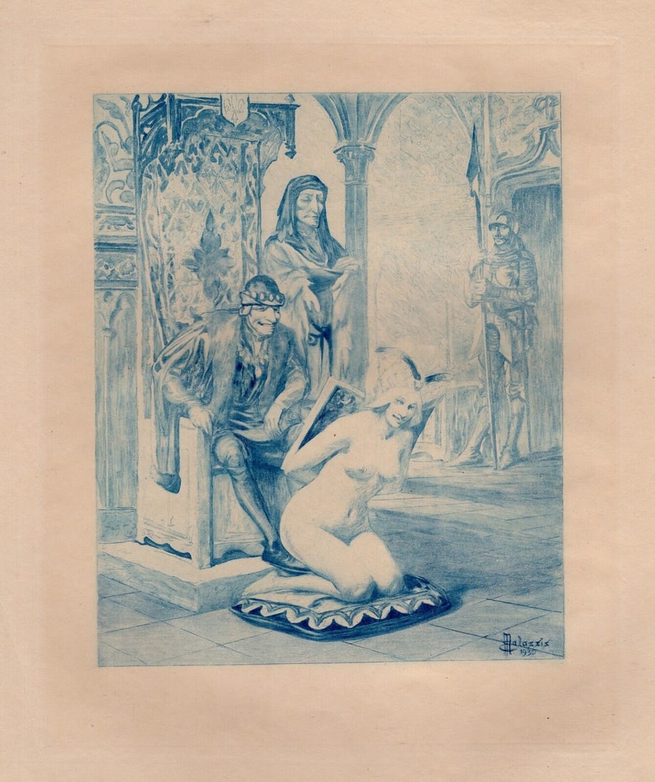 Edmond MALASSIS Limited NUDE Engraving The Gift SIGNED FRAMED: Edmond Malassis (French, 1874 - 1944). Louis the Eleventhe I (Louys le Onzi?me I)(Cent Nouvelles Nouvelles). Vintage copper plate engraving in blue ink on Velin paper after the original by master engr