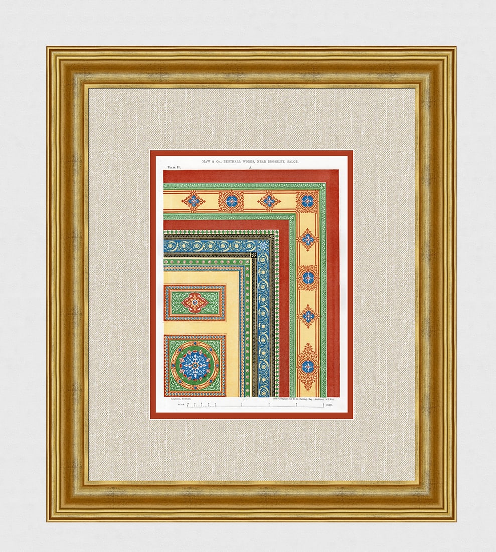 1855 Color Engraving of Encaustic Floor Pattern Framed Maw and Co: Maw and Co.. Encaustic floor patterns. Antique engraving on wove paper after the original b ay master engraver (including designs by and H.B. Garling). Year: 1855. Sight Size 8 3/8 x 11 3/4 inches. Fr