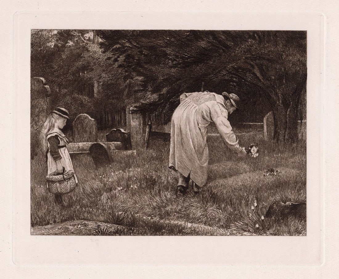 Philip Hermogenes Calderon Faithful Hearts etching signed: Philip Hermogenes Calderon. (1833-1898). Faithful Hearts. Antique etching on thick wove paper after the original by master etcher Charles Oliver Murray (Scottish, 1842-1923). 1890. Signed in the plate