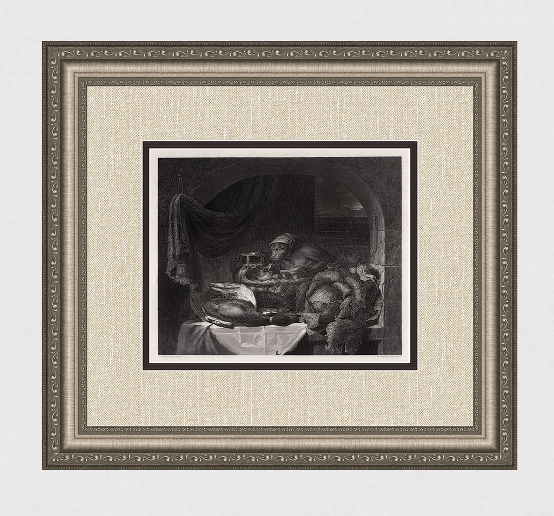 1800s GEORGE LANCE Antique Engraving The Hungry Monkey Framed Signed: George Lance (British, 1802-1864). Red-Cap. Antique engraving on wove paper after the original oil paint on mahogany by master engraver William Dean Taylor (British, 1794-1857). Year: 1851. Signed in 