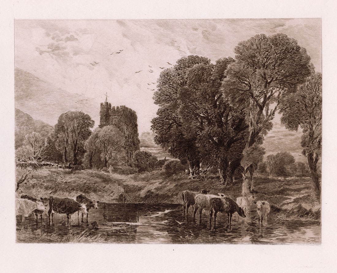1888 Simeon Myers Cookham, on the Thames etching signed: Simeon Myers. (active 1880s). Cookham, on the Thames. Antique copper plate etching on thick wove paper. 1888. Signed in the plate, lower left. Excellent. Image size 7 x 9 3/8 inches. Approximately 16 